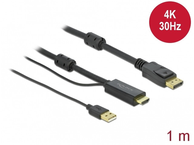 HDMI(M)->DISPLAYPORT(M) CABLE 1M 4K POWERED BY USB-A(M) BLACK DELOCK